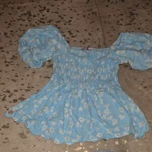 Simply Southern Blue Floral Puff-Sleeve Blouse